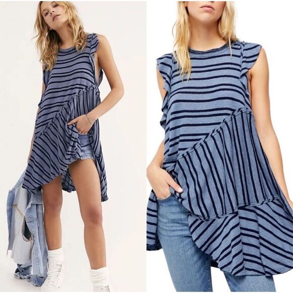 Free People Blue Striped Tunic Dress Between the Lines XS Flutter Ruffles Linen - Picture 1 of 16